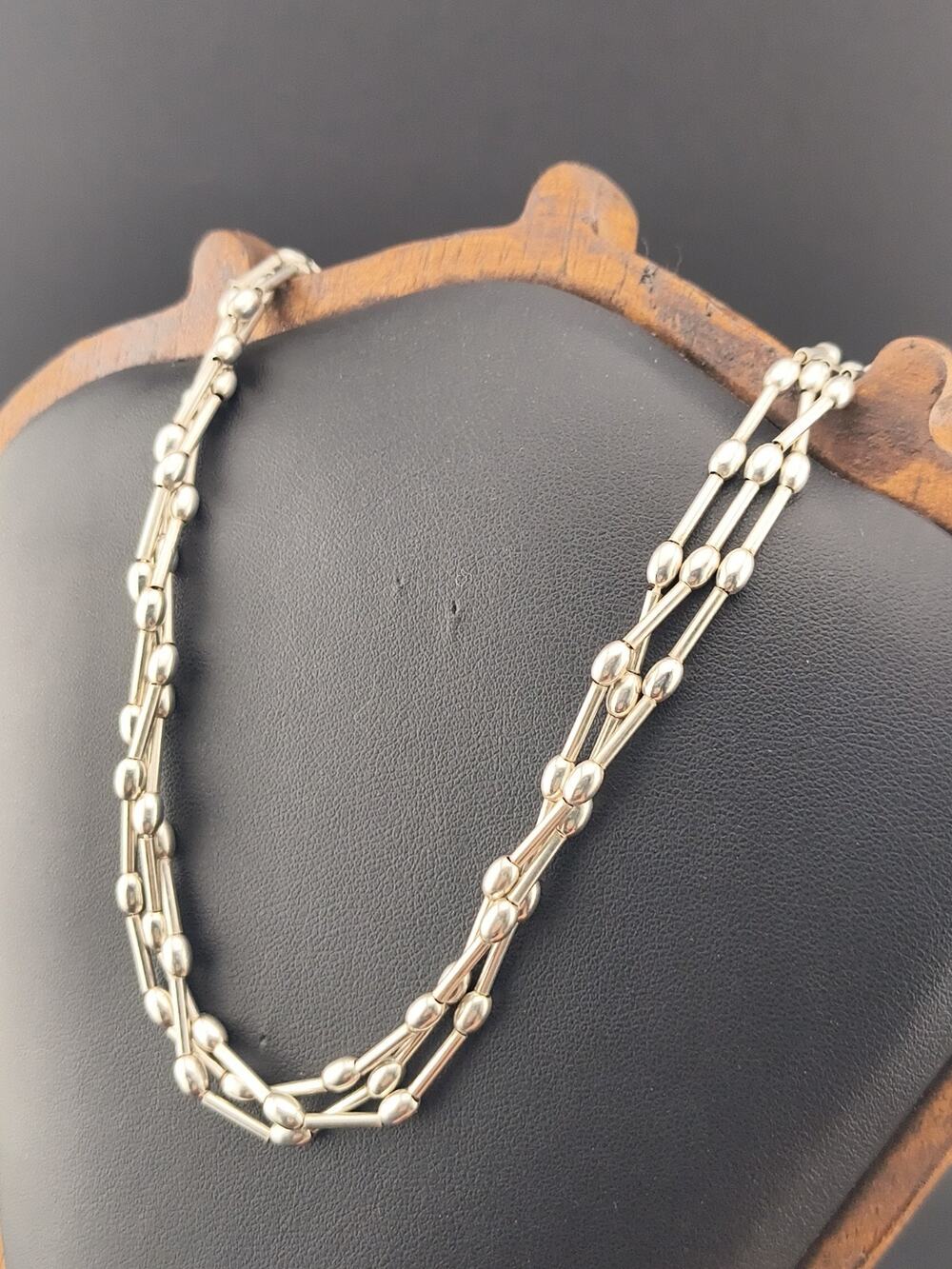 Vintage Goldenrose Italy 925 Sterling Silver 3 Strand Bead Link Necklace 21g